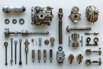 Obraz premium engine disassembled on a white background top view. Parts, pistons, camshafts, valves and gaskets