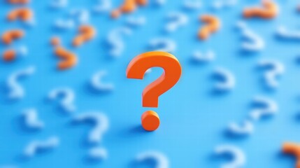 Bright orange question mark symbolizing inquiry stands out against a soft blue background filled with floating questions.