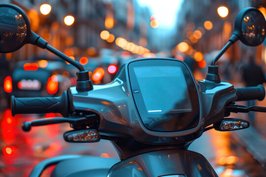 Close-up of a stylish electric scooter or scooter parked at the curb, focusing on its sleek design and futuristic dashboard
