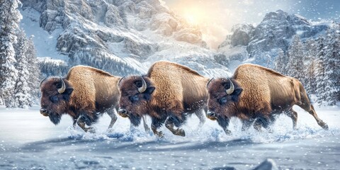 Majestic Bison Herd Running Through Snowy Mountainscape