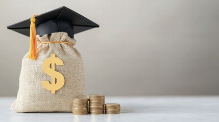 A money bag with a graduation cap, symbolizing financial success and education investment. Perfect for finance themes.