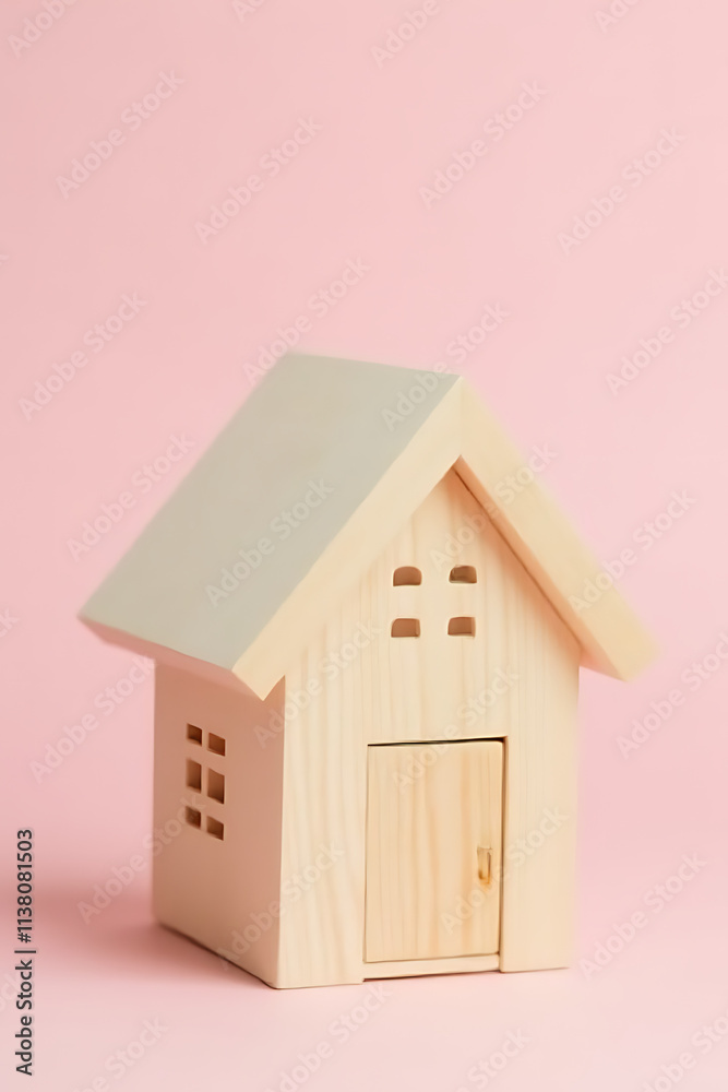 Poster a model of a house made from wood on a soft pastel colored background conveys property investment an