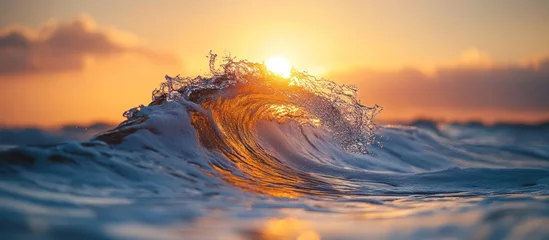 Foto op Canvas Golden sunrise illuminating a breaking ocean wave. © Almahyra