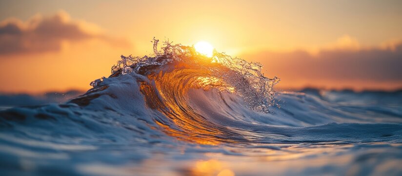 Golden sunrise illuminating a breaking ocean wave.