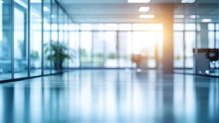 Fototapeta premium Modern office interior with large windows, bright sunlight, and a spacious floor, perfect for creative workspaces.