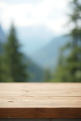 A minimalist wooden table top features a blurred tree and mountain view in the background for...