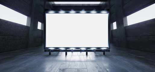 Sci Fi Billboard Modern Cyber Indoor Garage Grunge Hangar Showcase Product Advertise Big White Plane Alien Spaceship Futuristic Realistic Asphalt Cement Concrete Tunnel Warehouse 3D Rendering