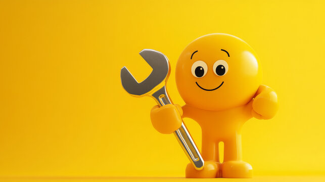 An illustration of a gold mascot man with a giant wrench