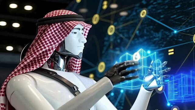 Robot in saudi outfir using 3D holographic data