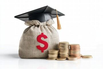 A burlap sack with a dollar sign and coins symbolizes education funding and student loans for aspiring graduates.