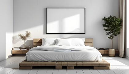 Modern minimalist bedroom design indoor space interior photography bright environment wide angle view contemporary aesthetics for relaxation