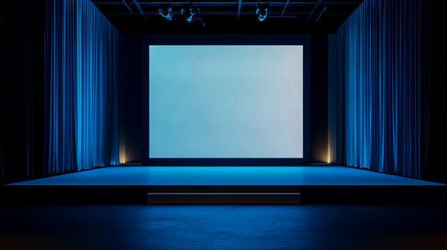 Empty Square Stage with LED Screen and Blank Advertising Wall