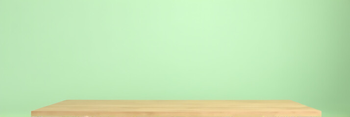A minimalist design featuring a wooden table with an empty surface set against a soft green pastel colored background._00002_