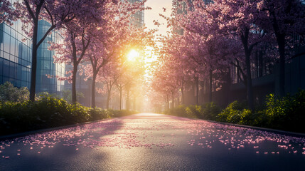 Cherry Blossom Tree-Lined Alley in City Center with Pink Petals Falling
