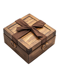 Rustic Wooden Gift Box with Carved Details and Bow on Isolated Transparent Background