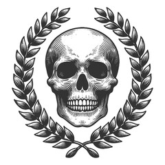 Obraz premium human skull framed by a laurel wreath and decorative ribbon, symbolizing victory and mortality sketch engraving generative ai raster illustration. Scratch board imitation. Black and white image.