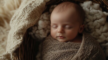 A sleeping baby is wrapped in a soft brown blanket.