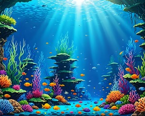Seabed landscape. Underwater sea ecosystem, marine aquarium bottom with seaweed algae stone fish ocean fauna panorama seafloor under water world scene ingenious vector illustration