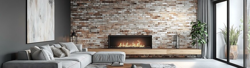 Modern Living Room Interior Design with Brick Wall