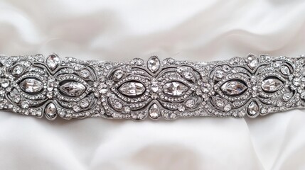 Silver crystal embellished bridal sash on silk.
