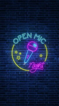 open microphone night show sign neon lights on brick wall background animation, bar and club comedy and humor show party vertical social media  motion background 