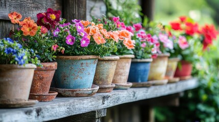 Obraz premium A row of flowerpots with vibrant blooms on a rustic wooden shelf in a garden