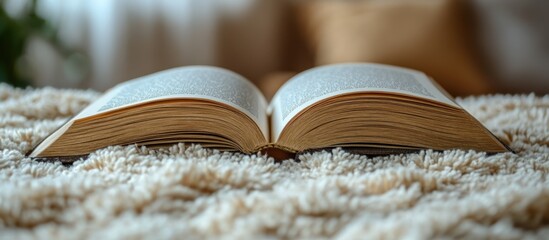 Open book resting on a fluffy beige blanket.