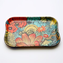 This is an image of a rectangular red orange blue floral pattern tray. The tray is decorated with a colorful floral pattern and has a glossy finish. It is perfect for serving drinks or snacks.