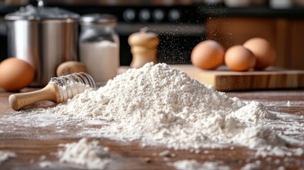 Fototapeta premium A bag of flour spilling slightly onto a kitchen counter, ready for use in a recipe