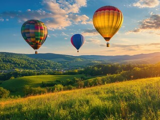 Obraz premium Colorful hot air balloons floating over a lush green landscape at sunset.