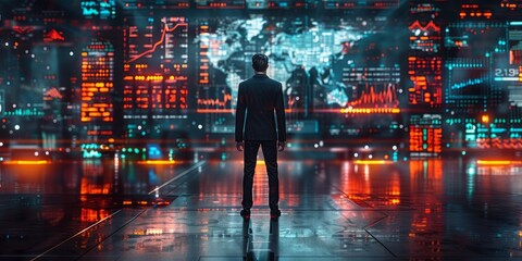 Man in a suit standing in front of a futuristic data screen with glowing graphs and world maps