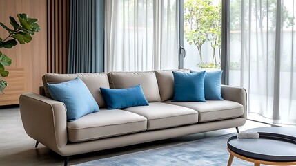 Modern Living Room Sofa with Blue Pillows