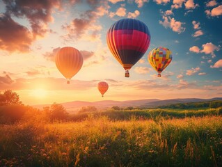 Obraz premium Colorful hot air balloons soaring over a scenic landscape at sunset.