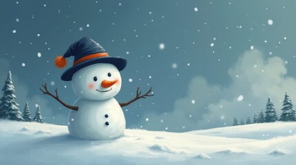 Fototapeta premium Cartoon Snowman in Dark Silver and Orange Clouds