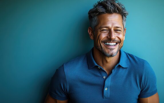 man with casual t-shirt is smiling at the camera, solid color background