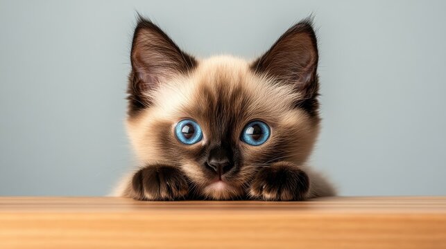 A curious kitten with bright blue eyes peeks over a wooden surface, exuding charm.