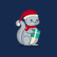 Cute Squirrel with gift and Christmas Outfit vector illustration.