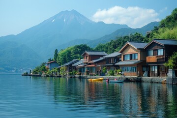 Traditional japanese houses line the shore of a serene lake with mount fuji in the background