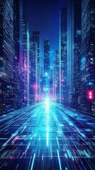 Obraz premium abstract futuristic cityscape under glowing neon lights, isolated dynamic background, intricate architectural details, surreal perspective, high-tech urban energy
