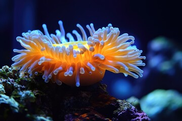 Obraz premium Vibrant sea anemone glowing on coral reef in dark blue ocean
