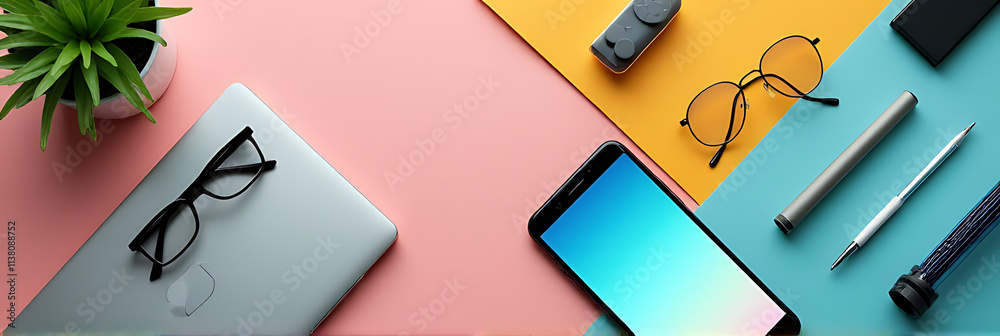Poster A flat lay design featuring various 2019 concepts with a smartphone and modern accessories on a colorful background._00003_