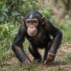A juvenile chimpanzee walking on all fours, natural pose on a white background.