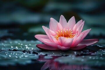 Pink water lily floating on a pond with water drops on leaves