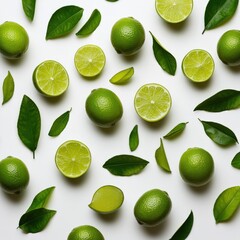 Limes and leaves on a white background