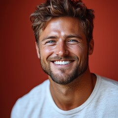 A young man with casual t-shirt is smiling at the camera, solid color background