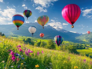 Fototapeta premium Colorful hot air balloons floating over a vibrant meadow with mountains in the background.