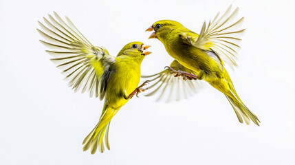 Pair of Green Finches Fighting in the Air, Motion-Captured