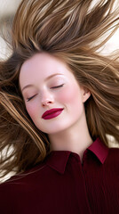 Fototapeta premium relaxed happy playful young beautiful woman red sweater cozy natural confident calm fashion portrait vibrant lifestyle clean photography vertical format