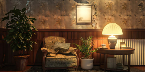 Interior Scene with Armchair, Plants, and Table Lamp