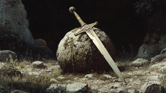 A vintage style illustration of  Excalibur the sword in the stone from the Arthurian legends